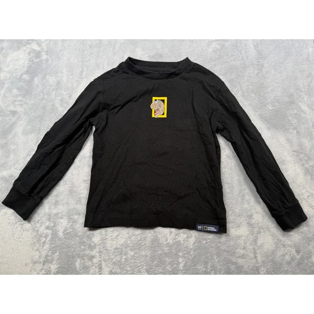 Gap National Geographic Dinosaur T-Shirt Kids XS Black Graphic Print Long Sleeve